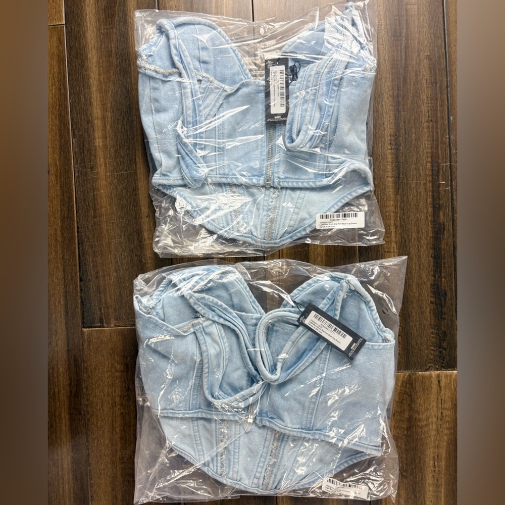 NWT PLT Light Blue Wash Dip Hem Bust Cup Underwire Denim Corset Top y2k - Picture 6 of 10